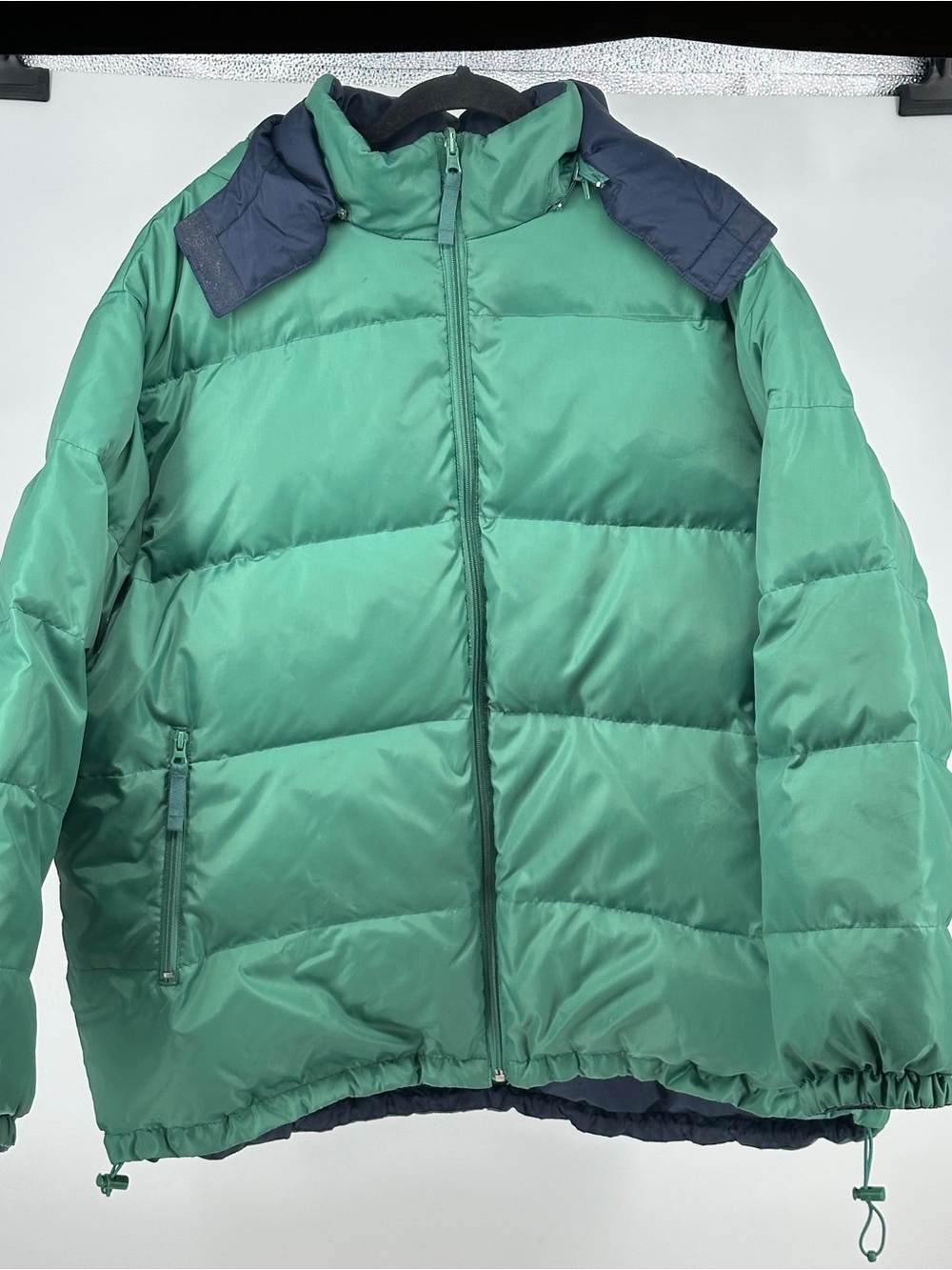 Men's 1X Y2K Reversible Green Puffer Jacket with Navy Collar Down Filling